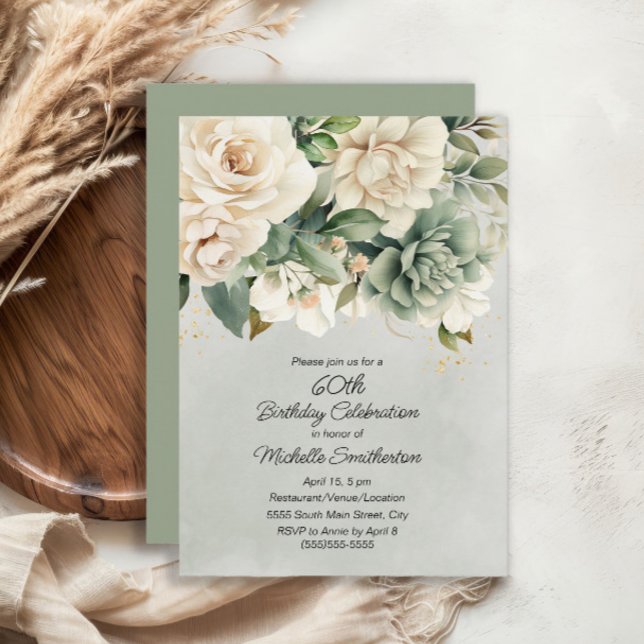 Invitation Blanc Sage Vert Floral Or 60e anniversaire (White and sage green floral 60th birthday party invitation)