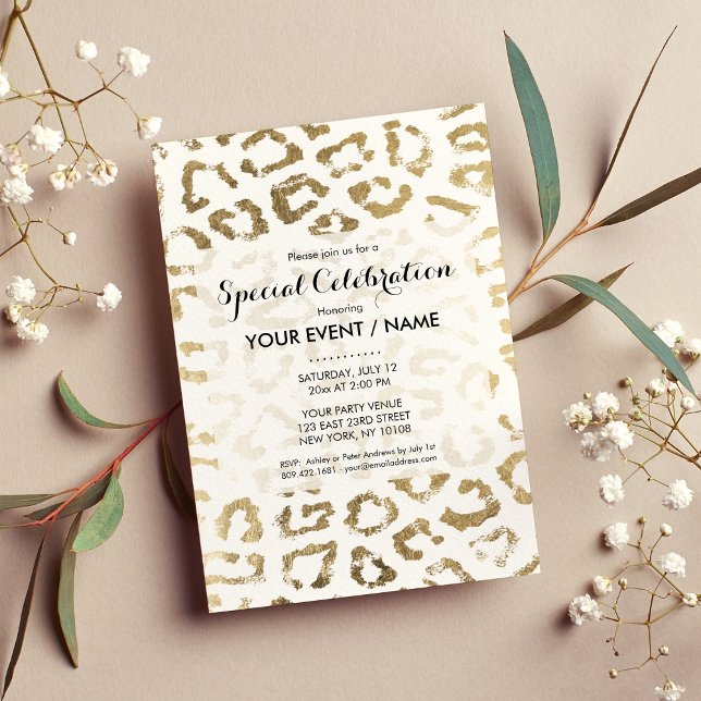 Invitation Blanc simple chic faux or poster de animal moderne (White simple chic faux gold modern animal print )