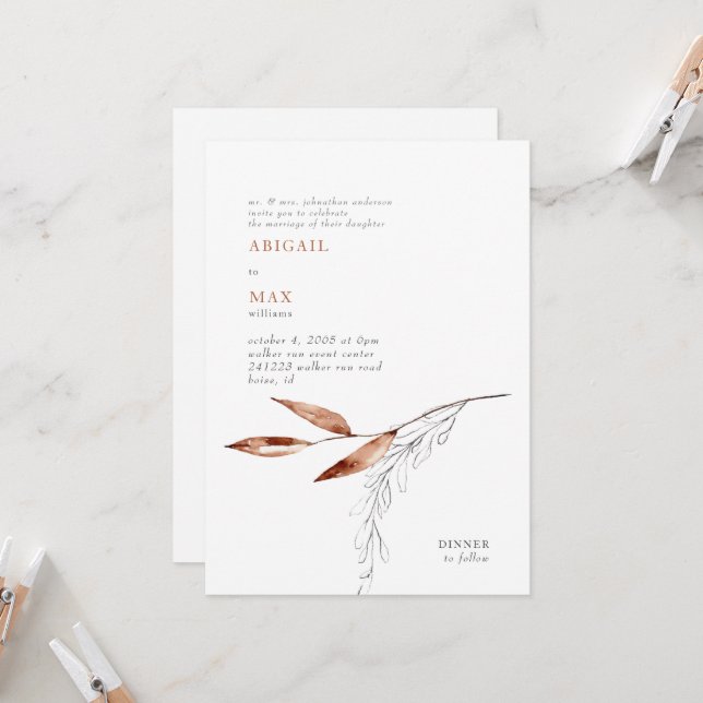 Invitation Blanc & Terracotta Mariage de Foliage moderne (Devant/Arrière en situation)