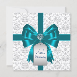 Invitation Blanc Turquoise bleu Damask Baby Christening