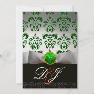 INVITATION BLANC VERT DAMAS & TRÈFLE À 4 FEUILLES MONOGRAMME 