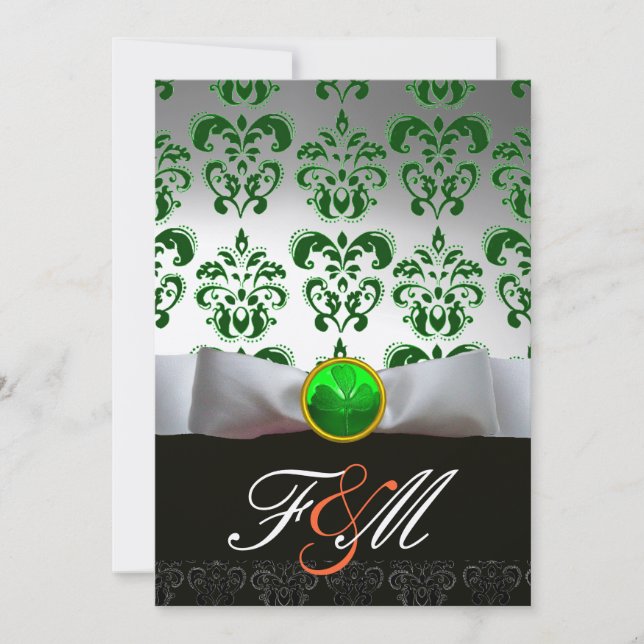 INVITATION BLANC VERT DAMAS & TRÈFLE MONOGRAMME ORANGE (Devant)
