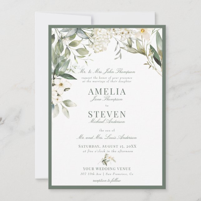 Invitation Blanc Vert Floral Classique Mariage (Devant)