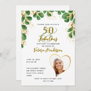 Invitation Blanc Vert & Or Vert 50 & Fabuleux Anniversaire