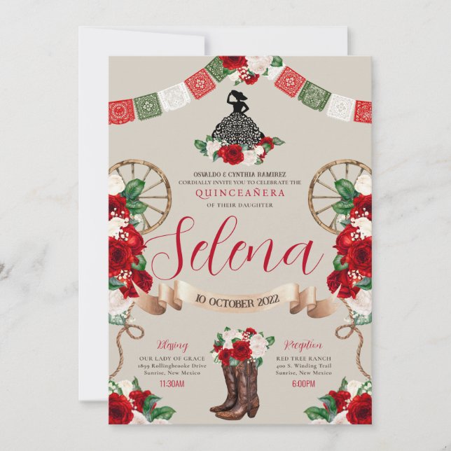 Invitation Blanc Vert Rouge Charro Quinceanera Papado Picado (Devant)