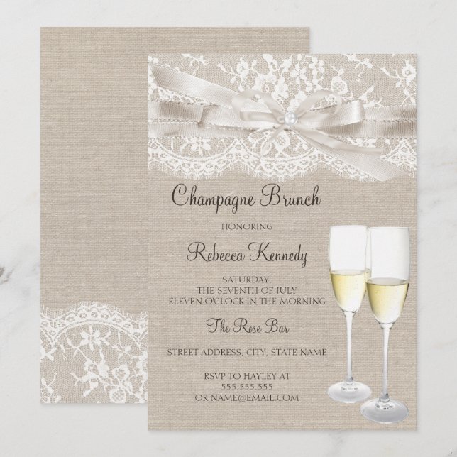 Invitation Blanc Vintage Champagne de dentelle Brunch Invitat (Devant / Derrière)