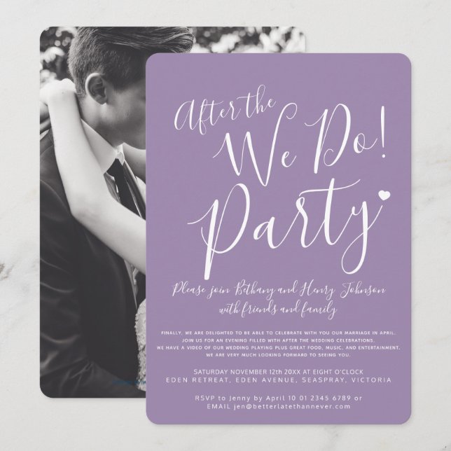 Invitation Blanc violet après nous faisons mariage après la f (Devant / Derrière)