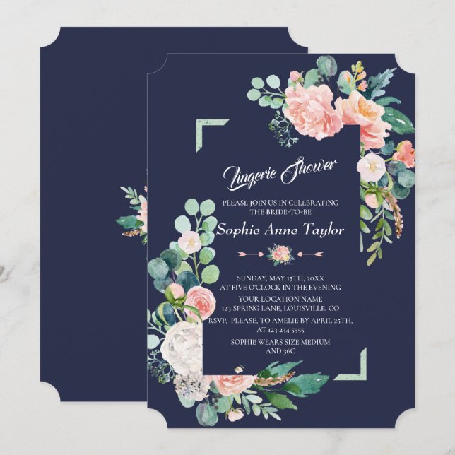 Invitation Blanche moderne Cadre Floral Blanc Lingerie Douche (Devant / Derrière)