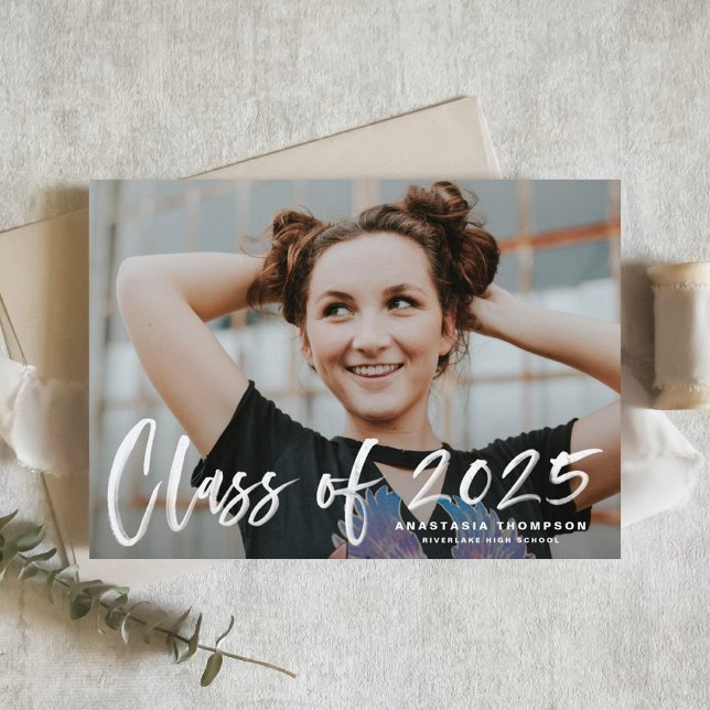 Invitation Blancs 2025 Brush Lettering (Customizable photo Graduation Announcement featuring white brush calligraphy overlay)