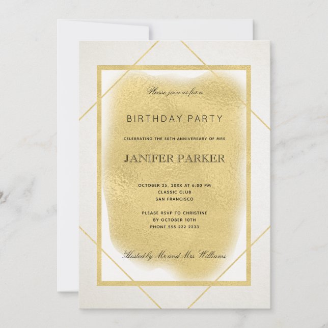 Invitation Blancs ivoire faux or encadré fête d'anniversaire  (Devant)