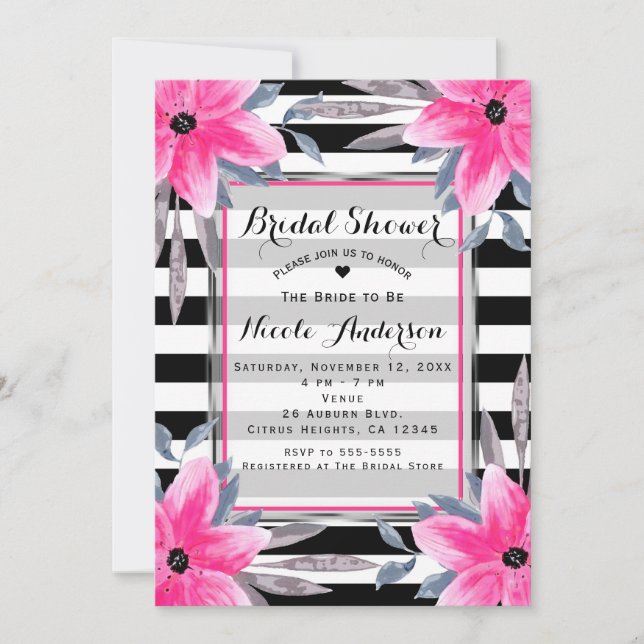 Invitation Blancs noirs et blancs Pink Floral Moderne Botaniq (Devant)