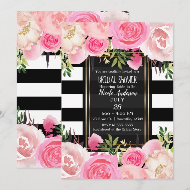 Invitation Blancs noirs Fête des mariées Florale rose or (Devant / Derrière)
