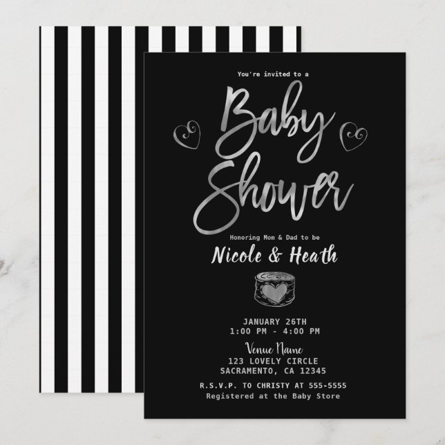 Invitation Blancs noirs rustiques et Baby shower argenté (Devant / Derrière)