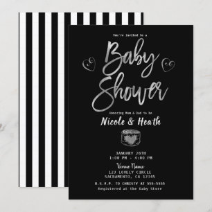 Invitation Blancs noirs rustiques et Baby shower argenté   