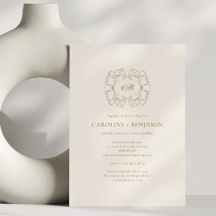 Invitation Blason de mariage en or antique classique monogram