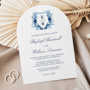 Invitation Blason de monogramme à l'aquarelle bleu de Delft p