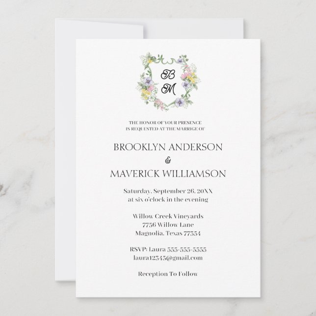 Invitation Blason de monogramme floral formel de mariage (Devant)