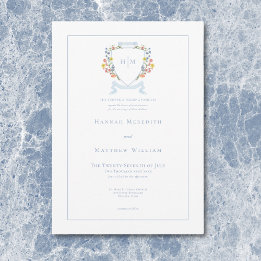 Invitation Blason Élégant de Fleur Sauvage au Bleu Pâle Pouss