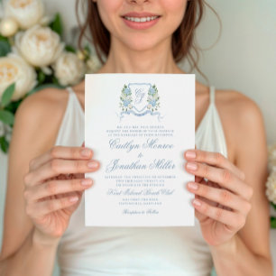 Invitation Blason Floral Aquarelle Bleu Poussiéreux Mariage