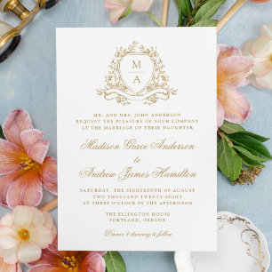 Invitation Blason Floral Doré Élégant Monogramme de Mariage