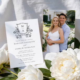 Invitation Blason Floral Élégant Monogramme Photo Mariage