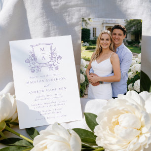 Invitation Blason Floral Violet Élégant Monogramme Photo Mari