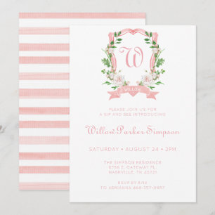 Invitation Blason Monogrammé Floral Fille Sip And See