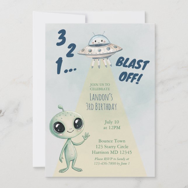 Invitation Blast Off Alien Boys Third Birthday (Devant)