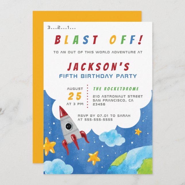 Invitation Blast Off ! Jouets Espace Extérieur Thème Annivers (Devant / Derrière)