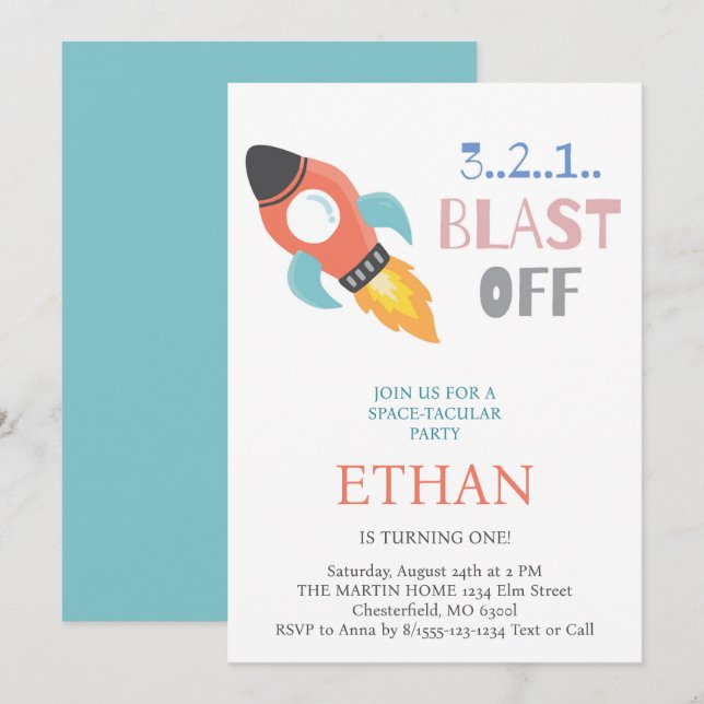 Invitation Blast Off ! Nouvel anniversaire du navire-fusée sp (Devant / Derrière)