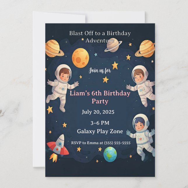 Invitation Blast Off Space Adventure Kids 6th Birthday Party  (Devant)
