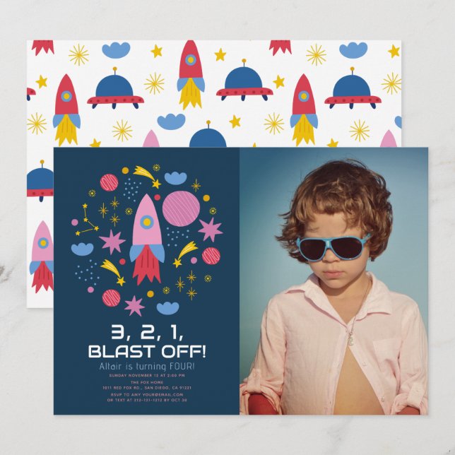 Invitation Blast Off ! Space Rocket Boy Photo Anniversaire (Devant / Derrière)