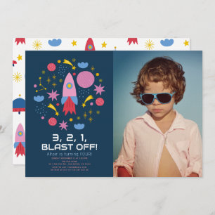 Invitation Blast Off ! Space Rocket Boy Photo Anniversaire