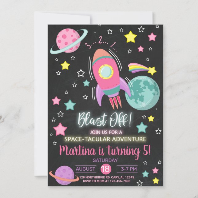 Invitation Blast off, space-tacular girl birthday invitation. (Devant)