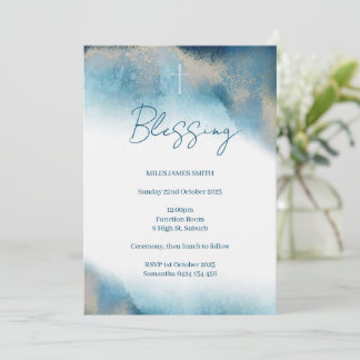 Invitation Blessing Invitation. Aquarelle bleu et or.