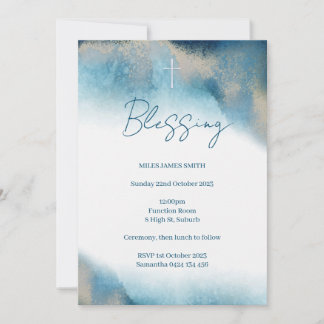 Invitation Blessing Invitation. Aquarelle bleu et or.