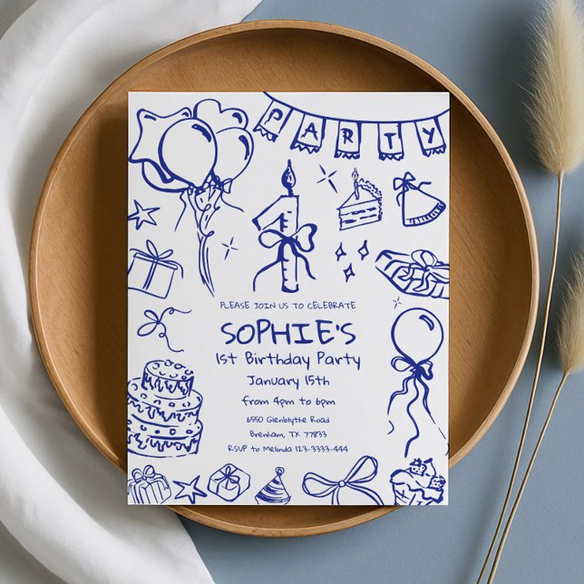 Invitation Bleu 1er Anniversaire Invitation, Main dessinée An (Créateur téléchargé)