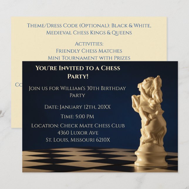 Invitation Bleu 30e anniversaire jeu d'échecs Chevalier (Devant / Derrière)