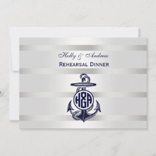 Invitation Bleu Ancre Argent Blanc Marine Monogramme 33