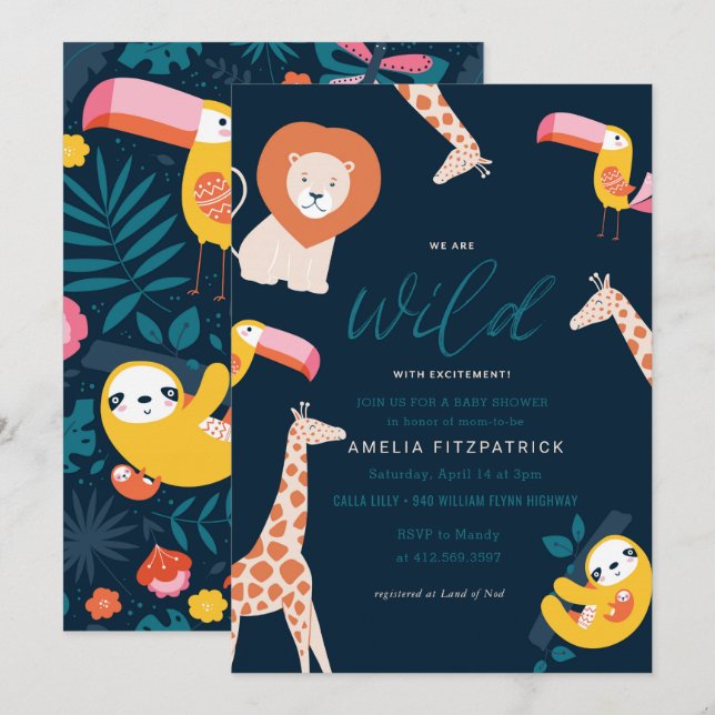 Invitation Bleu animal du baby shower | de jungle sauvage (Devant / Derrière)