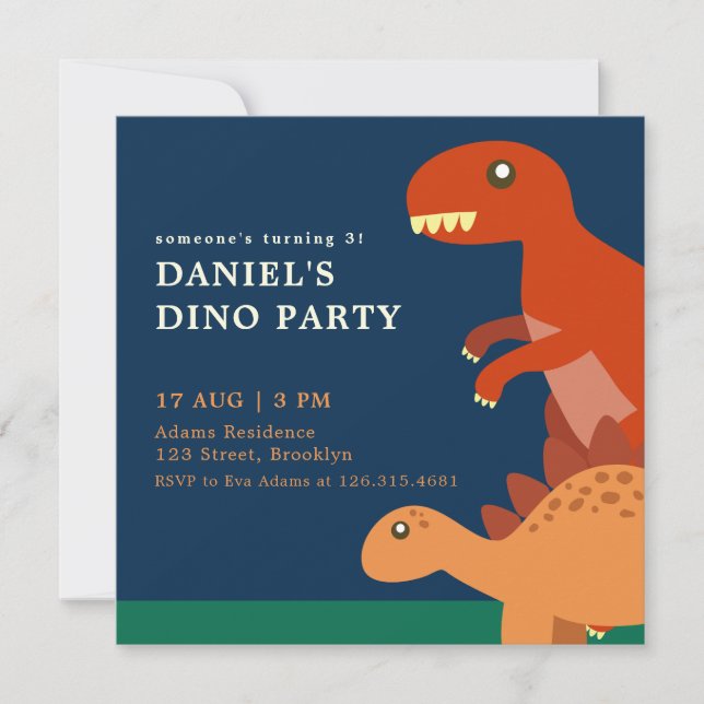 Invitation Bleu Anniversaire Enfants Dinosaur Anniversaire Fê (Devant)