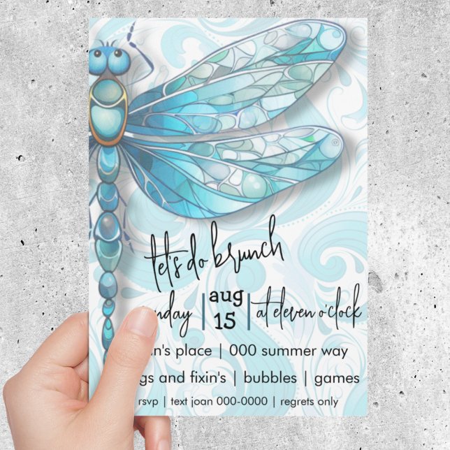 Invitation Bleu | Aqua Blue Swils | Amateurs de nature (Blue dragonfly customizable brunch or birthday invitation with aqua swirls. )