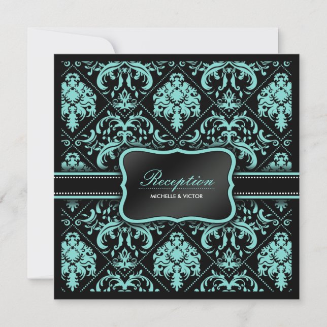 Invitation Bleu Aqua Élégant et Noir Damassé Réception Seulem (Devant)