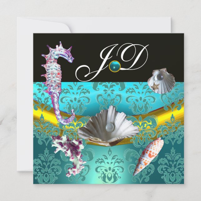 INVITATION BLEU AQUAMARINE DAMAS PLAGE MARIAGE MONOGRAMME (Devant)