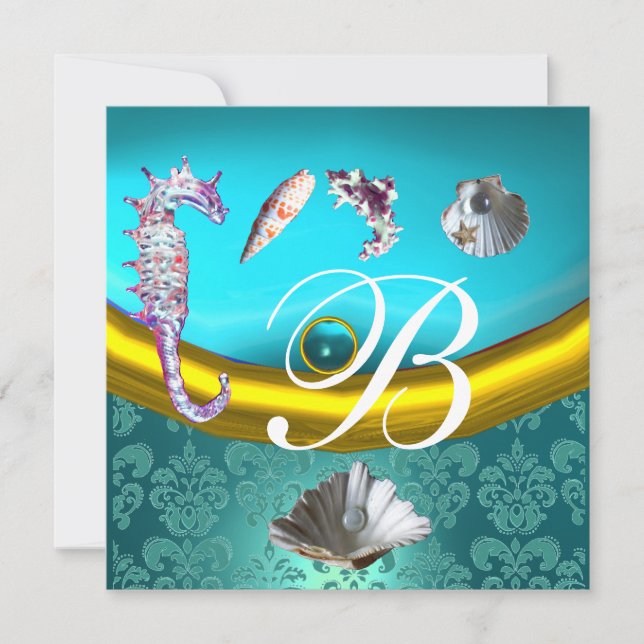 INVITATION BLEU AQUAMARINE DAMAS PLAGE MARIAGE MONOGRAMME (Devant)