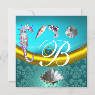 INVITATION BLEU AQUAMARINE DAMAS PLAGE MARIAGE MONOGRAMME