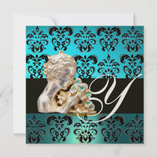 INVITATION BLEU AQUAMARINE NOIR, BLANC DAMAS BIJOU MONOGRAMME