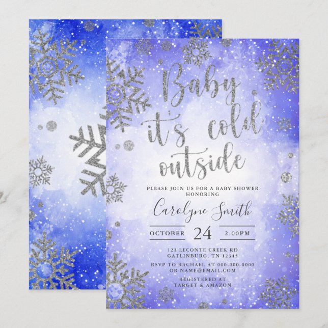 Invitation Bleu Aquarelle Baby shower de Noël (Devant / Derrière)