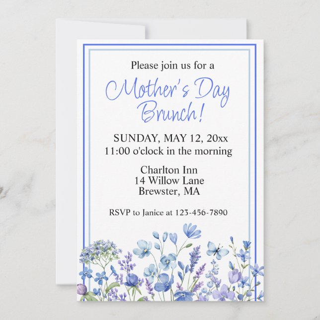 Invitation Bleu Aquarelle Bleu Fleur Fête des Mères Brunch (Devant)
