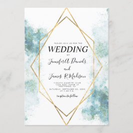 Invitation bleu aquarelle cadre géométrique or mariage